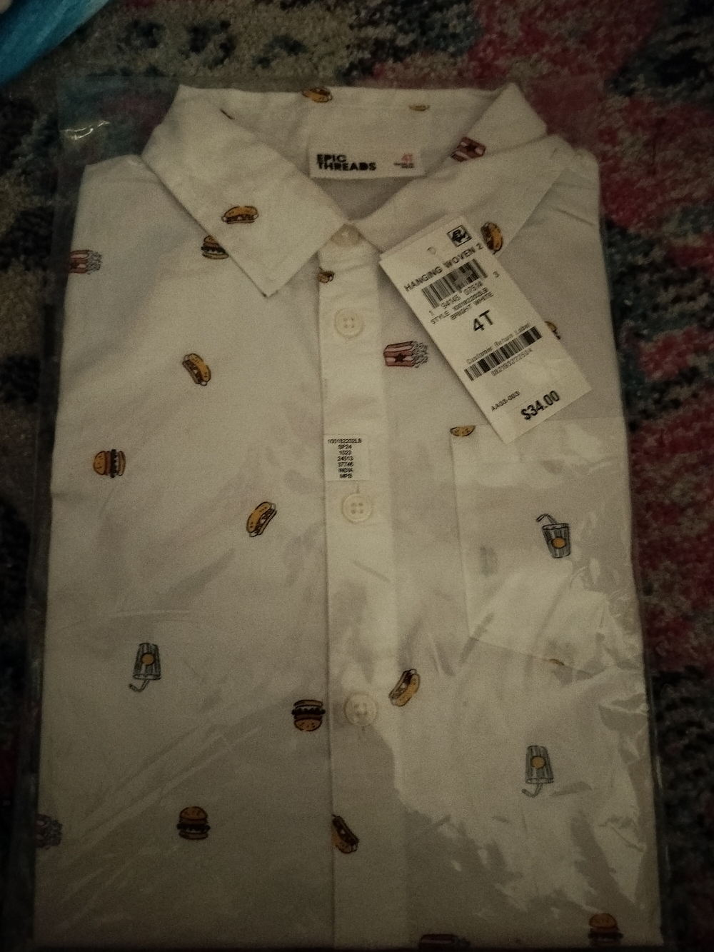 White Short-Sleeve Button-Up Shirt with Novelty Food Print - 4T